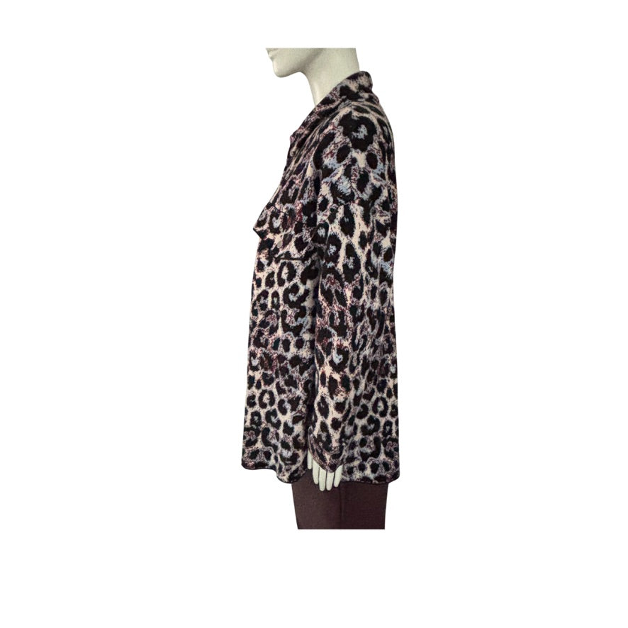 Leopard print coat on a mannequin against a white background