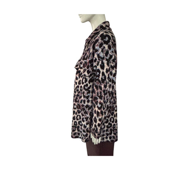 Leopard print coat on a mannequin against a white background