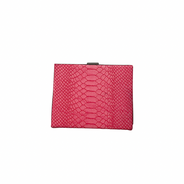 Pink clutch bag with snake skin pattern on a white background