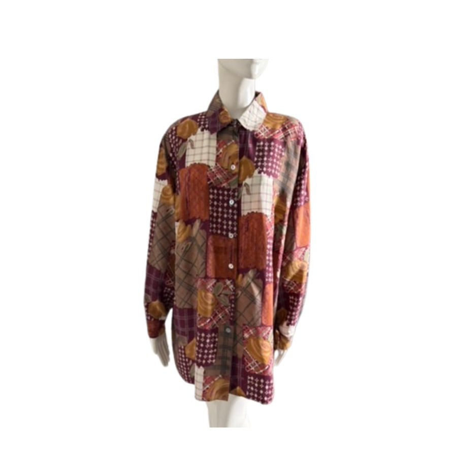 Patchwork shirt on a mannequin against a white background