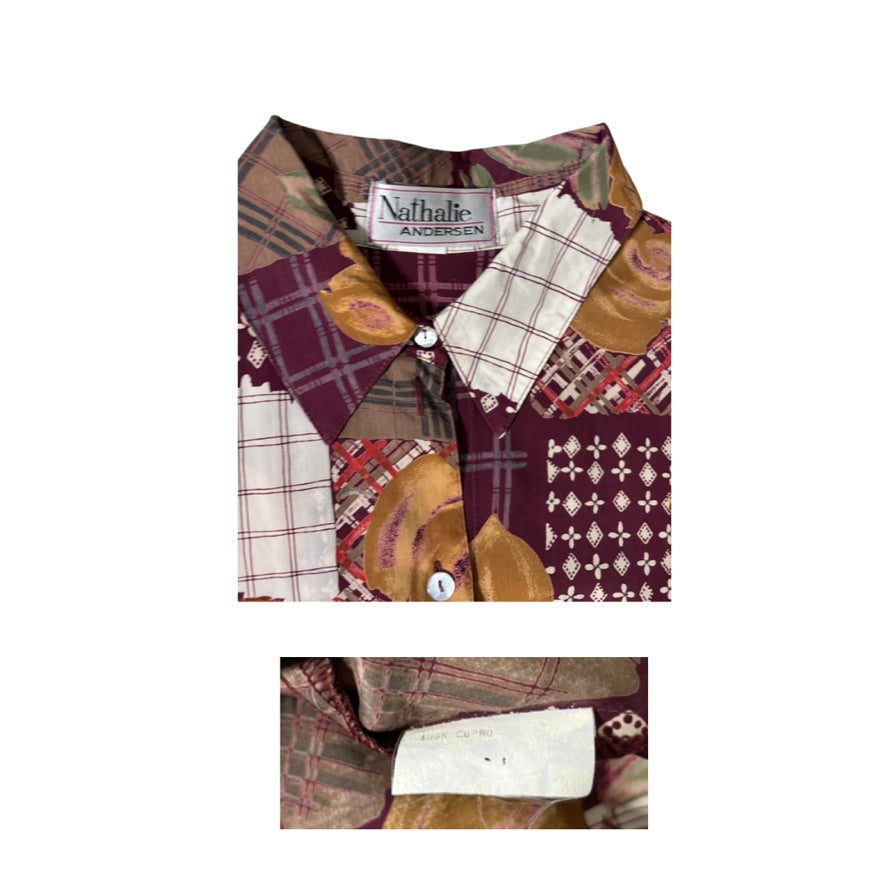 Multicolored patterned shirt with a brand label on a white background