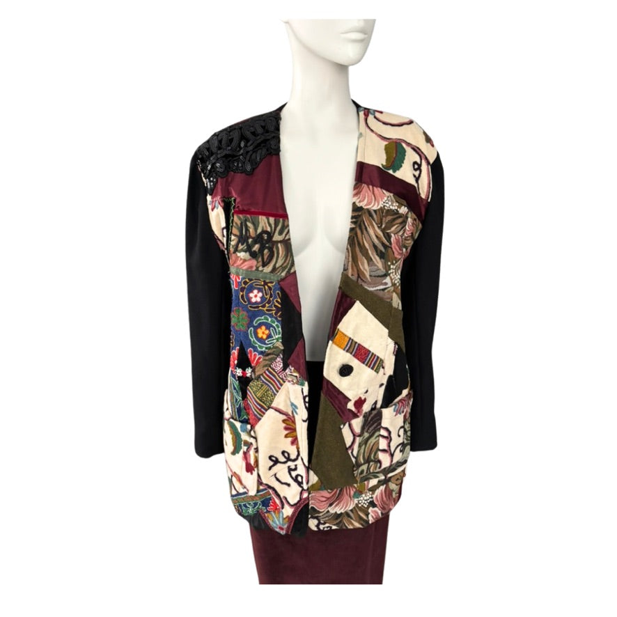 Mannequin wearing a colorful patchwork jacket on a white background