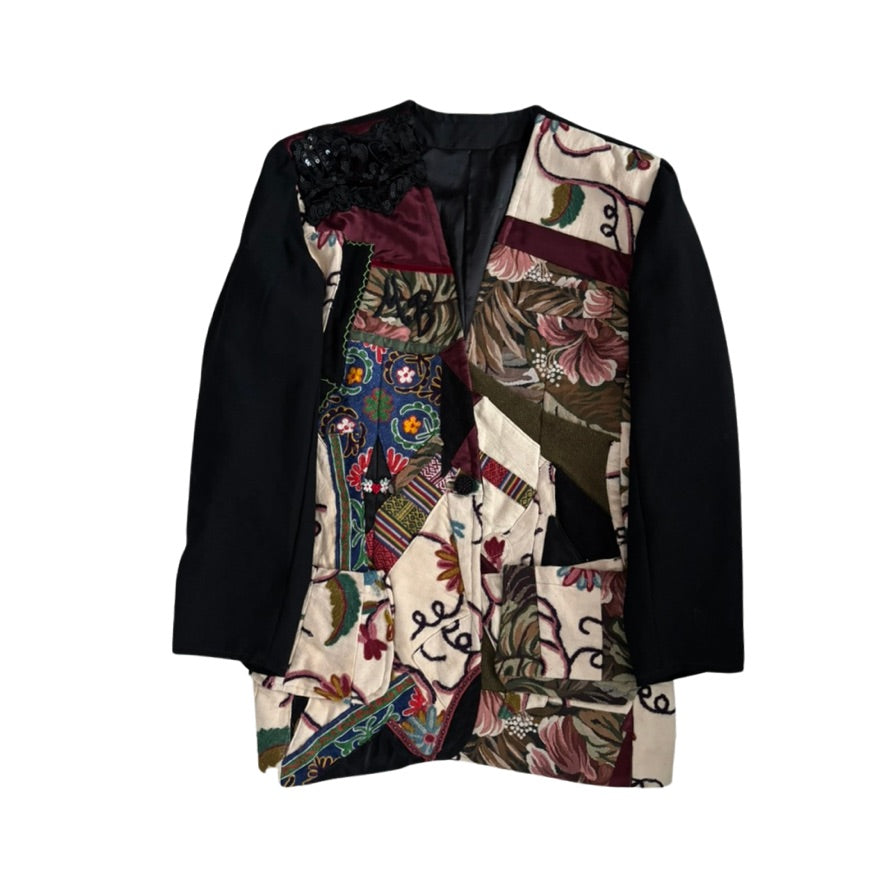 Black jacket with colorful floral patterns on a white background