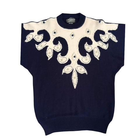 Pearl Embellished Oversized Wool Jumper Navy Size 16 - Vintage