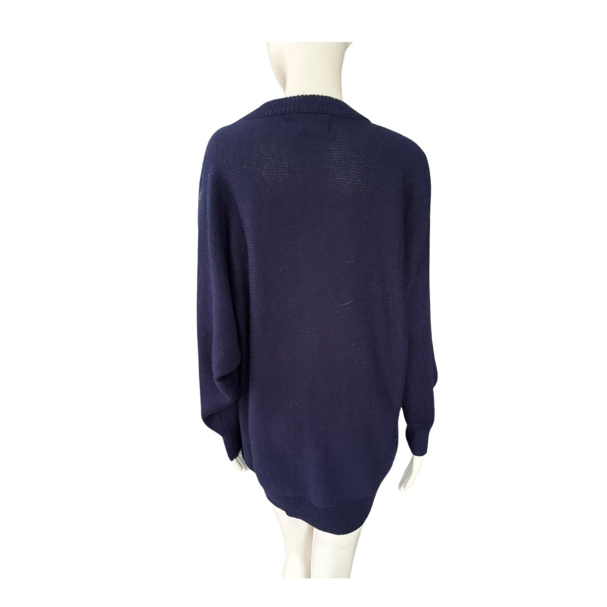 Navy blue sweater on a mannequin against a white background