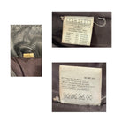 Close-up of a label on a brown leather item with text and symbols.