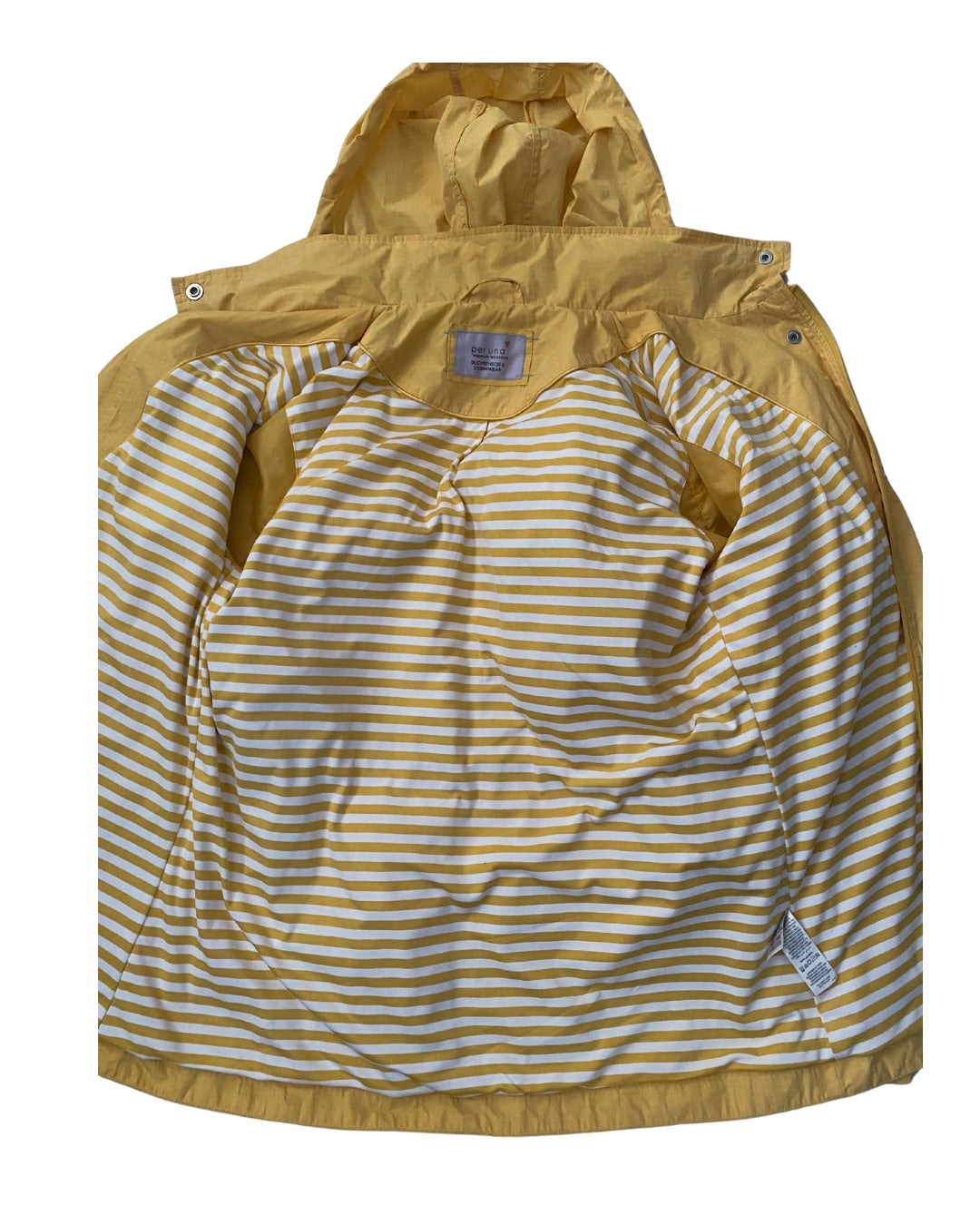 Yellow and white striped jacket with a hood on a white background