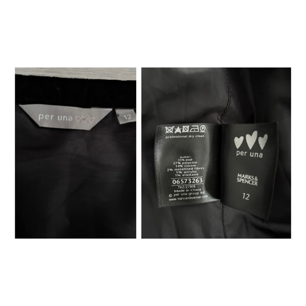 Clothing labels with 'per una' and 'Marks & Spencer' branding on a black background.