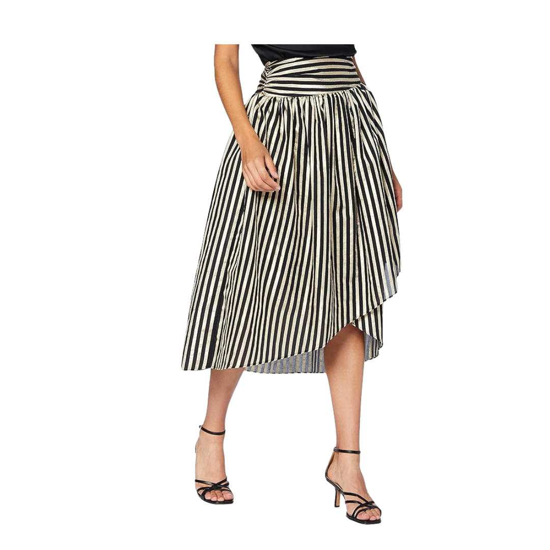 Woman wearing a black and white striped skirt on a white background