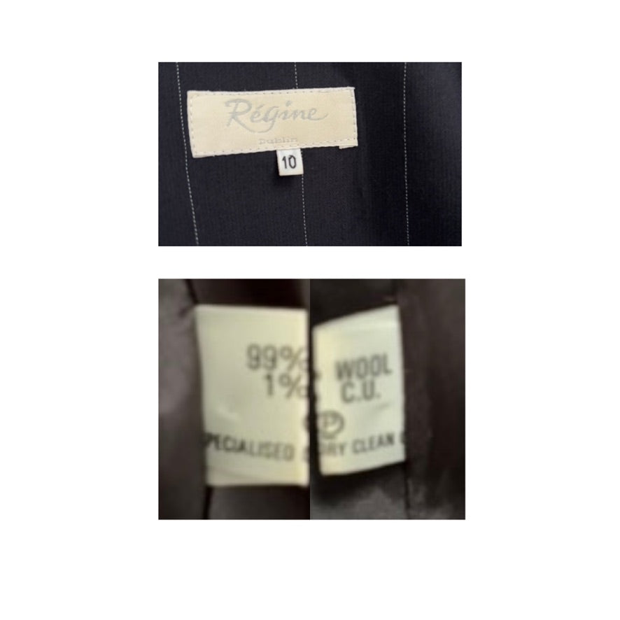 Clothing labels with brand name and material information on a white background