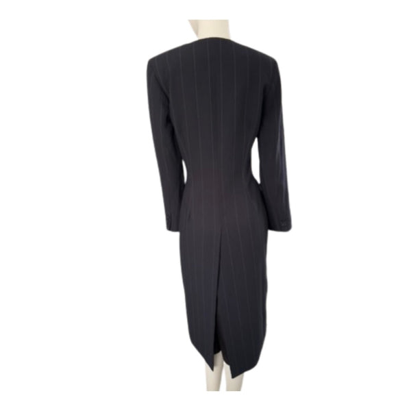 Black pinstripe dress on a mannequin against a white background