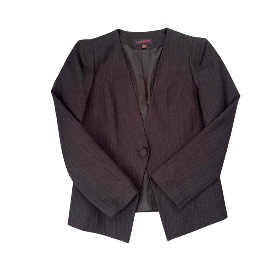 Dark pinstripe suit jacket on a white background