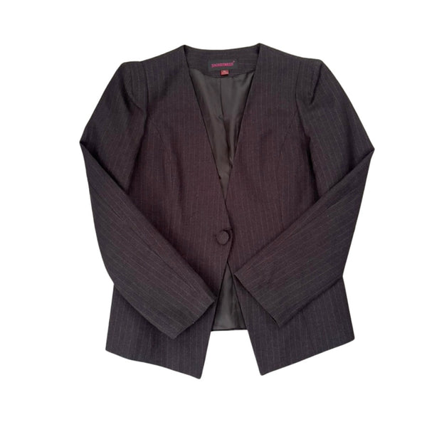 Dark pinstripe suit jacket on a white background