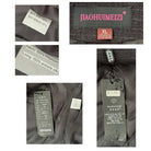 Collage of JIAOHUIMEIZI clothing labels and tags on a dark fabric background.