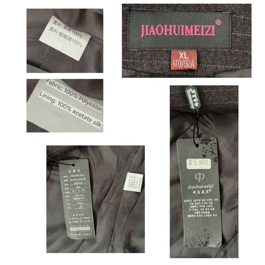 Collage of JIAOHUIMEIZI clothing labels and tags on a dark fabric background.