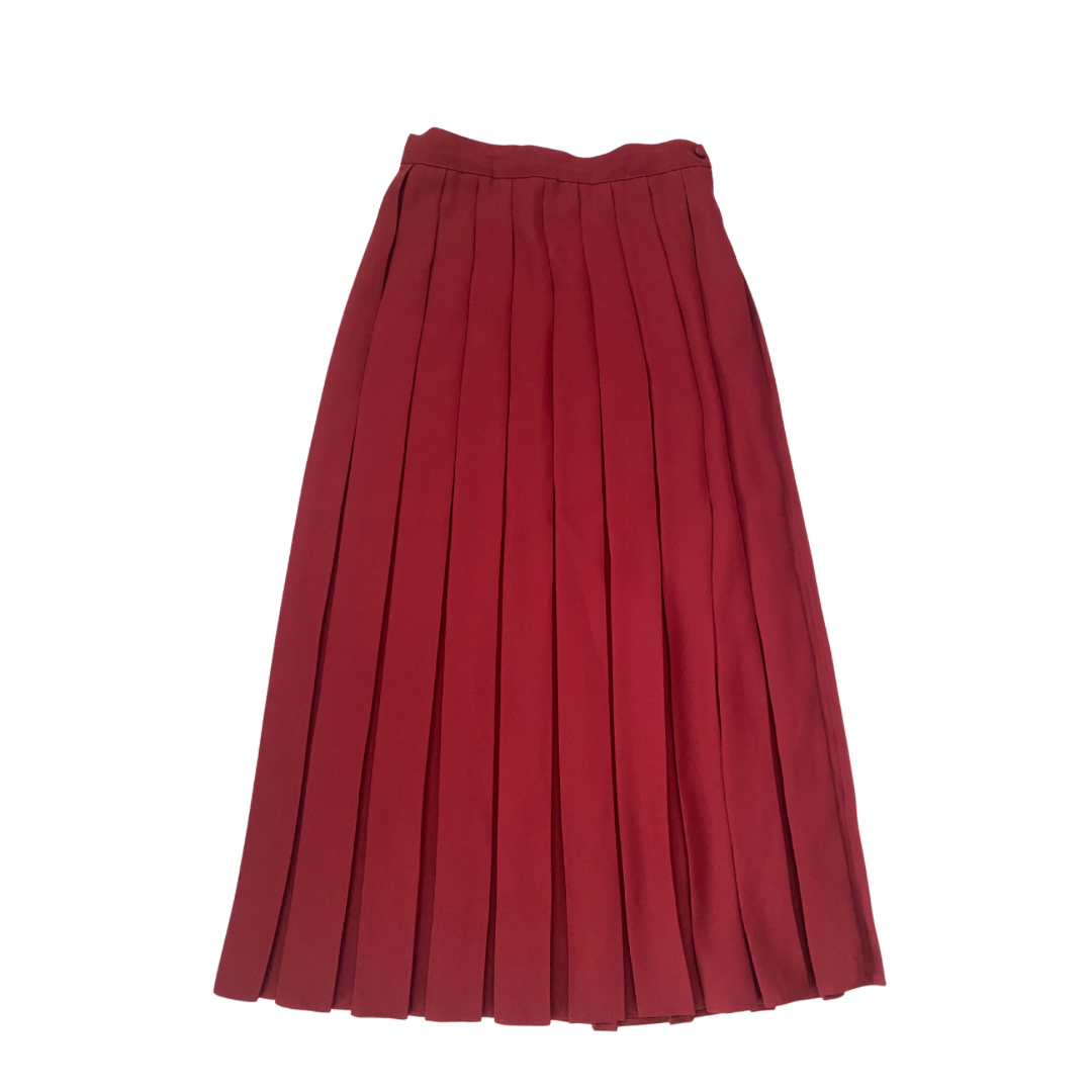 Vintage TAGG red pleated midi skirt, size 12, with structured pleats, laid 