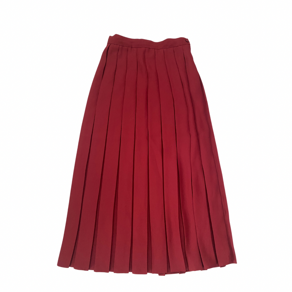 Vintage TAGG red pleated midi skirt, size 12, with structured pleats, laid 