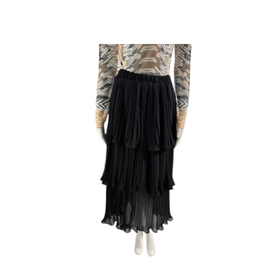 Black pleated skirt on a mannequin against a white background