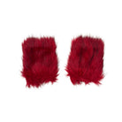 Pair of red faux fur mittens on a white background