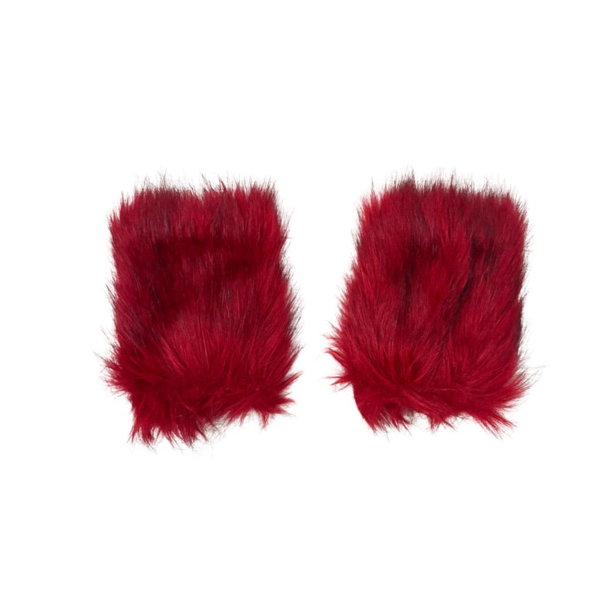 Pair of red faux fur mittens on a white background