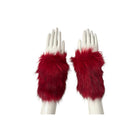 Red furry arm warmers on white mannequin hands against a white background