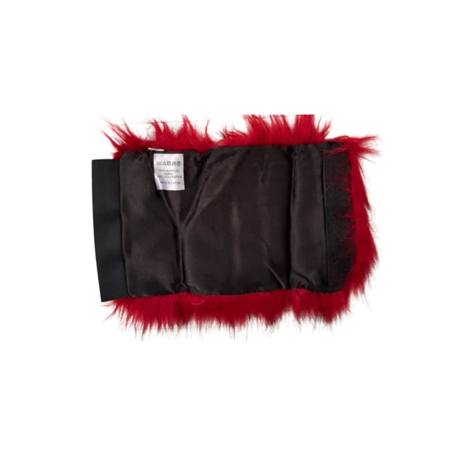 Black satin fabric with red fur trim on a white background