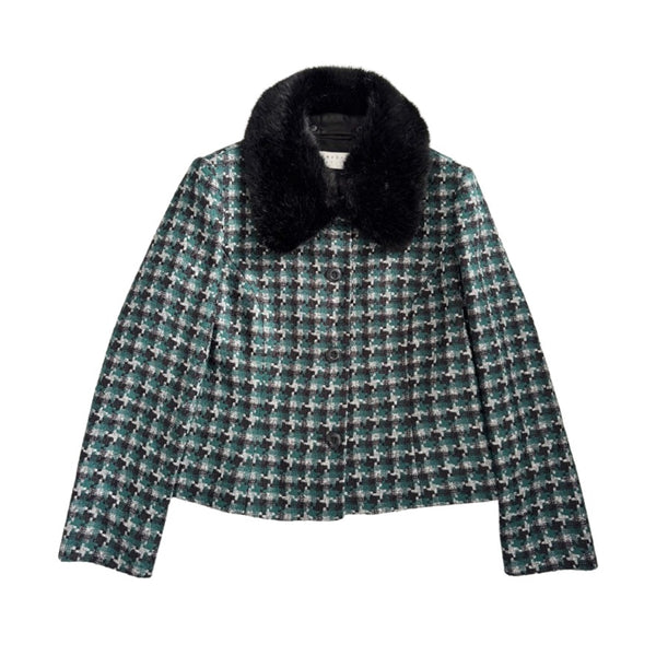 Plaid jacket with black fur collar on a white background