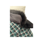 Close-up of a coat with fur trim and patterned fabric on a white background