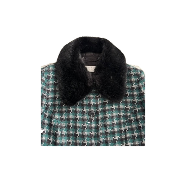 Close-up checkered coat with black fur collar on a white background