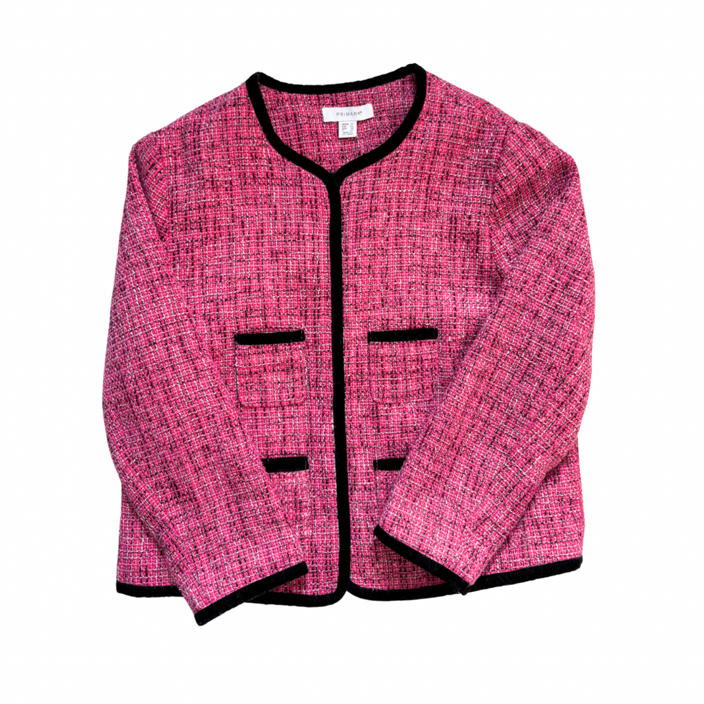 Pink textured jacket with black trim on a white background