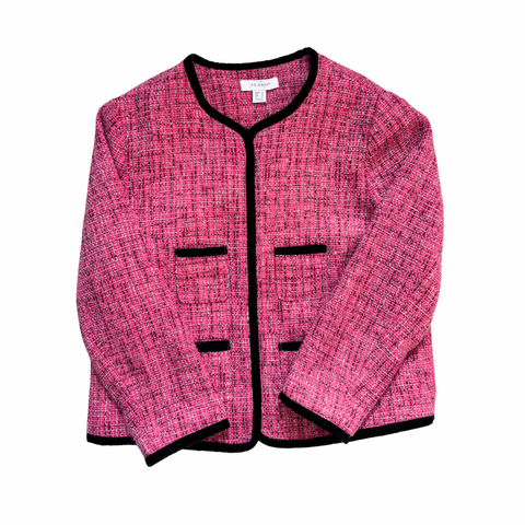 Pink textured jacket with black trim on a white background