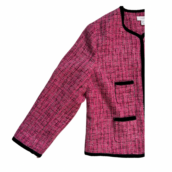 Pink textured jacket with black accents on a white background