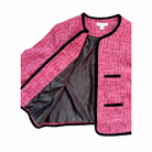 Pink textured jacket with black trim on a white background