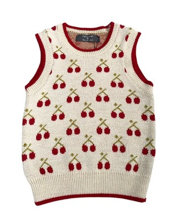 Knitted sleeveless sweater with cherry pattern on a white background