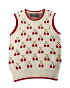 Knitted sleeveless sweater with cherry pattern on a white background