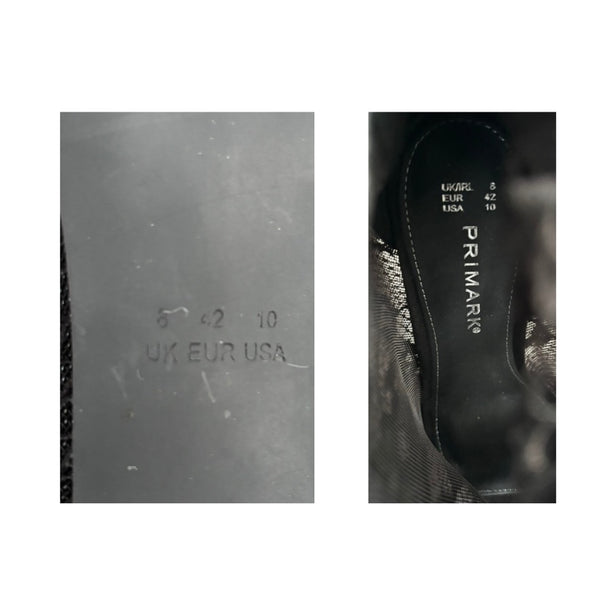 Close-up of a shoe sole with size markings and a Primark label on a white background.