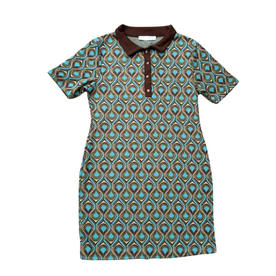 Patterned dress with a brown collar on a white background