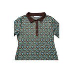Short-sleeve shirt with brown and blue geometric pattern on a white background