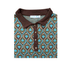 Polo shirt with brown collar and blue and brown pattern on a white background