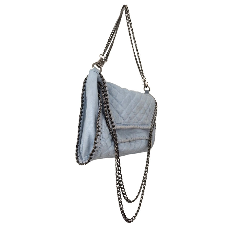 Light blue handbag with a chain strap on a white background