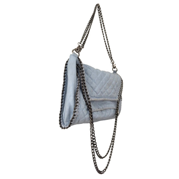 Light blue handbag with a chain strap on a white background