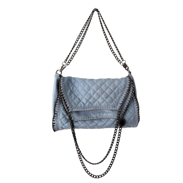 Quilted handbag with chain detail on a white background