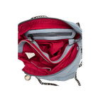 Open bag revealing a red interior with a gray lining.