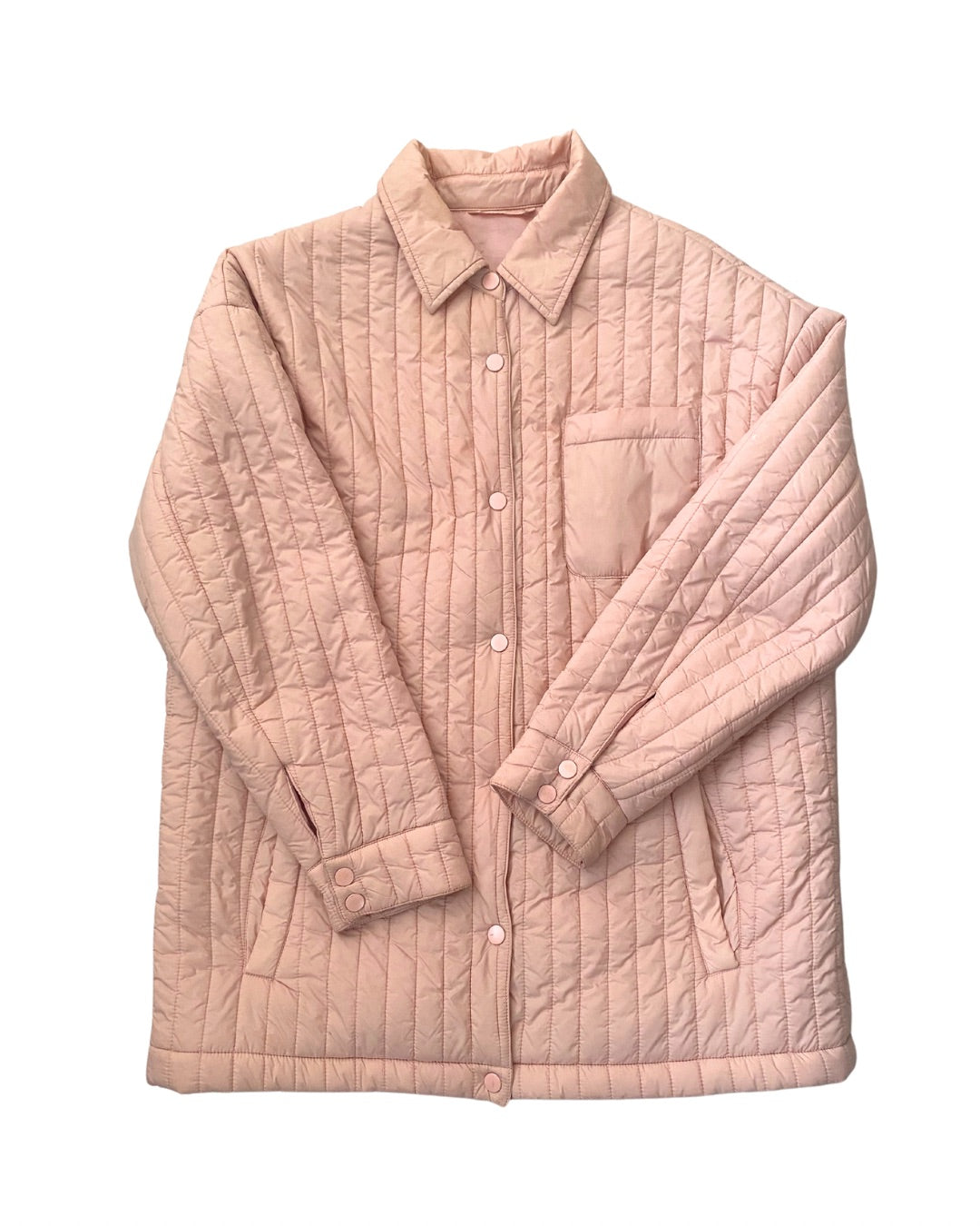 Pink quilted jacket on a white background