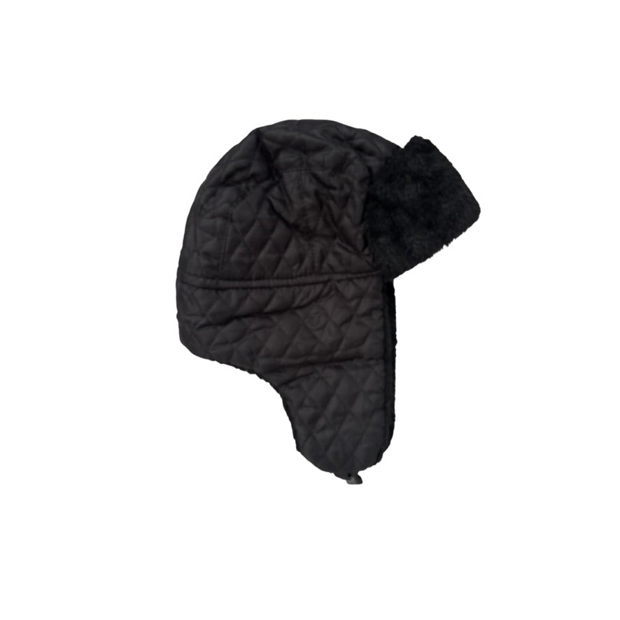 Black quilted aviator hat on a white background
