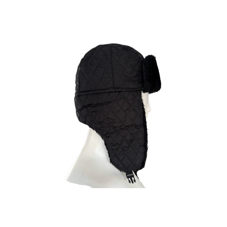 Black quilted aviator hat on a white background