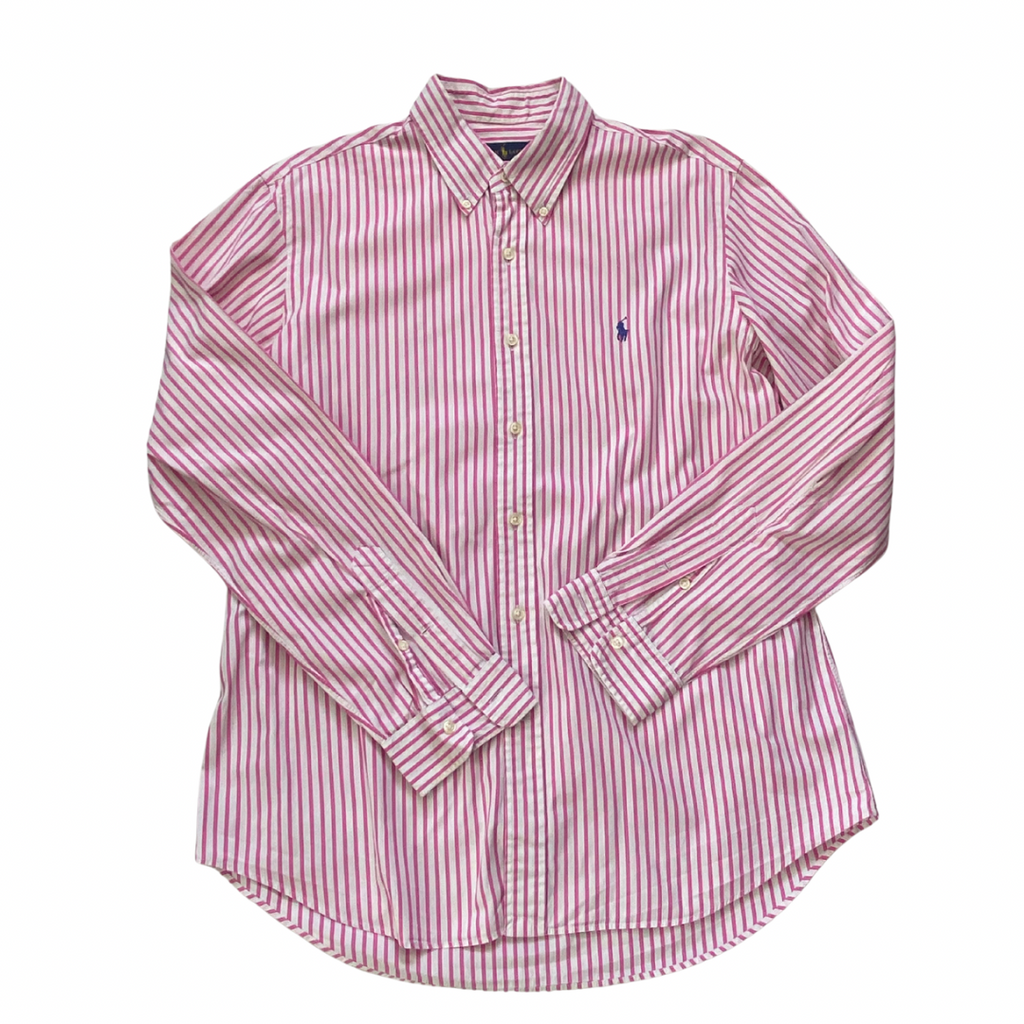 Pink and white striped shirt with a brand logo on a white background