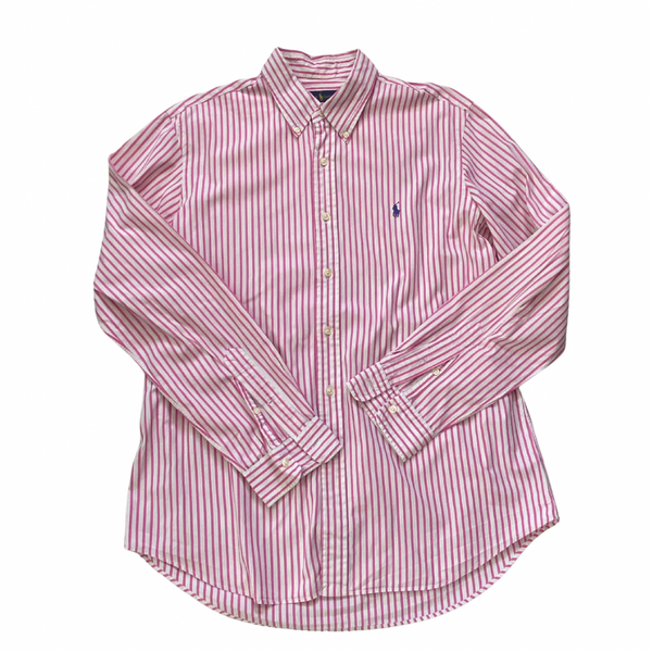 Pink and white striped shirt with a brand logo on a white background