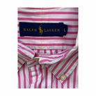 Pink and white striped shirt with Ralph Lauren label on a white background