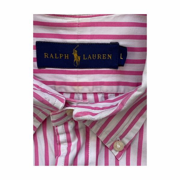 Pink and white striped shirt with Ralph Lauren label on a white background